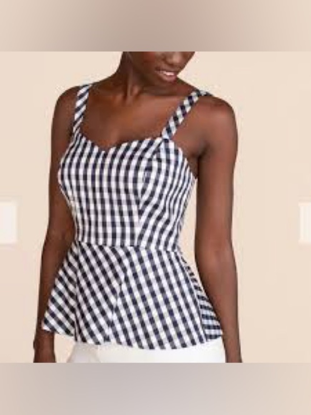 Trina Turk Gingham Peplum Tank Top - Navy and White